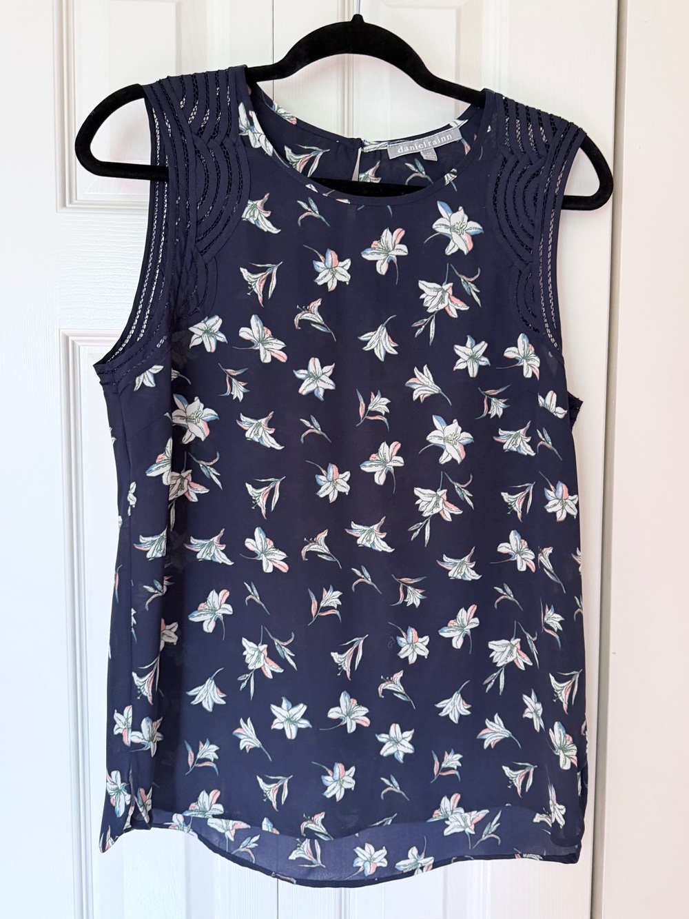 Daniel Rainn Navy Floral Sleeveless Top with Eyelet Shoulders